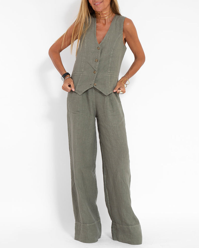 Santal™ | Ærmeløs cardigan og bukser med vide ben - Armygrøn - - mode New old_google - FashionforDays