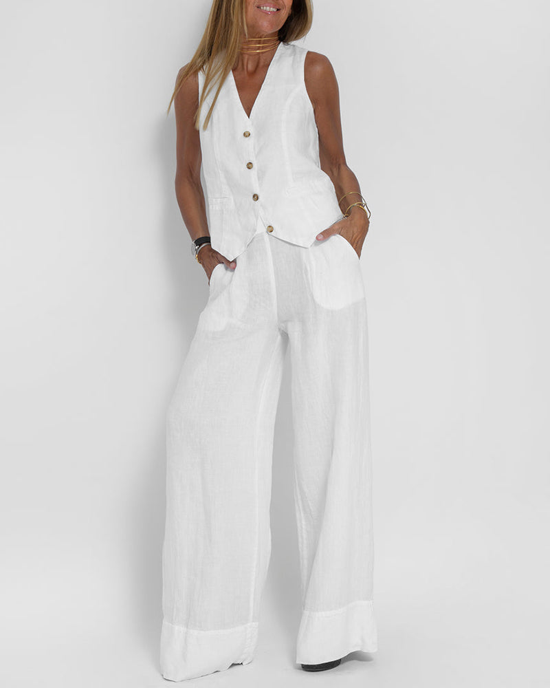 Santal™ | Ærmeløs cardigan og bukser med vide ben - Hvid - - mode New old_google - FashionforDays