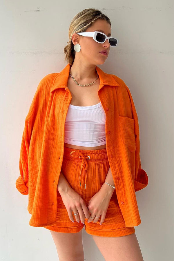 Mia | Sæt med langærmet skjorte og shorts - Orange - Sets - Damer Jakkesæt & jakker New old_google Sale - Fashionfordays