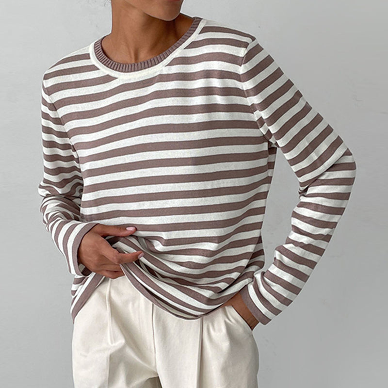 Dagmar - Elegant stribet t-shirt - Sommerlig - Let stof - Karamelbrun - Trøje - Damer New old_google Sale Trøjer & hættetrøjer - Fashionfordays