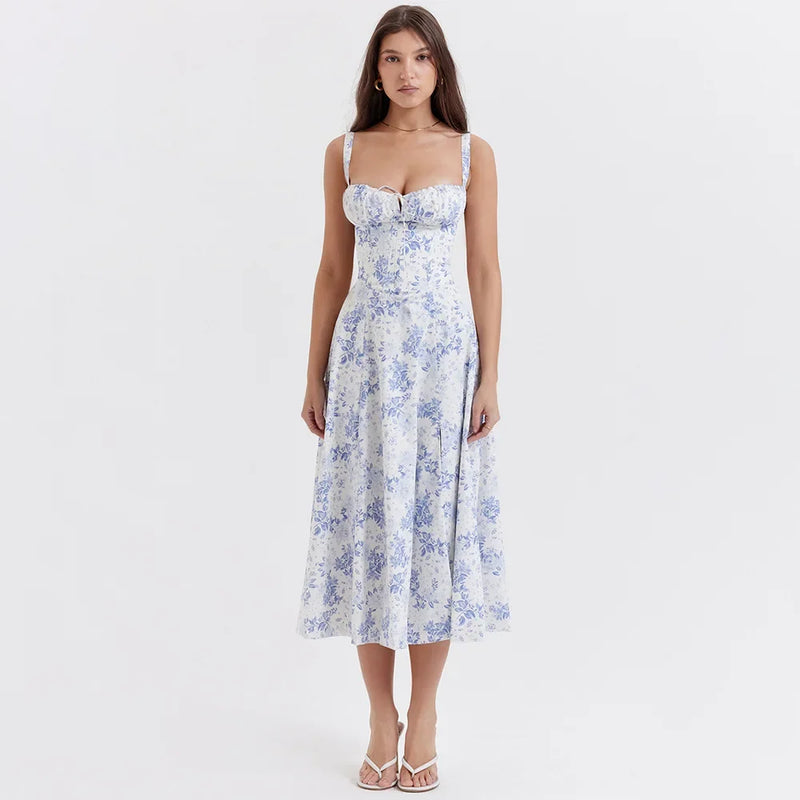 Sofie - Blomstret bustier-kjole med taljeformning - Blå - - - Fashionfordays