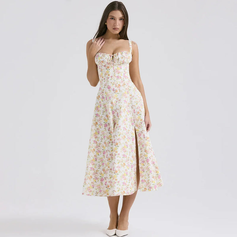 Sofie - Blomstret bustier-kjole med taljeformning - Beige print - - - Fashionfordays