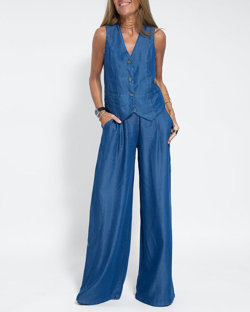 Santal™ | Ærmeløs cardigan og bukser med vide ben - Blå - - mode New old_google - FashionforDays