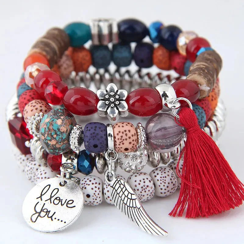 Boheme-armbånd med perler og charme - Rød - - - Fashionfordays