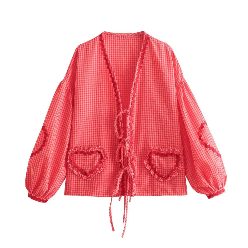 Vintage Elegant Loose Heart Bags Bluse - Rød - - - Fashionfordays