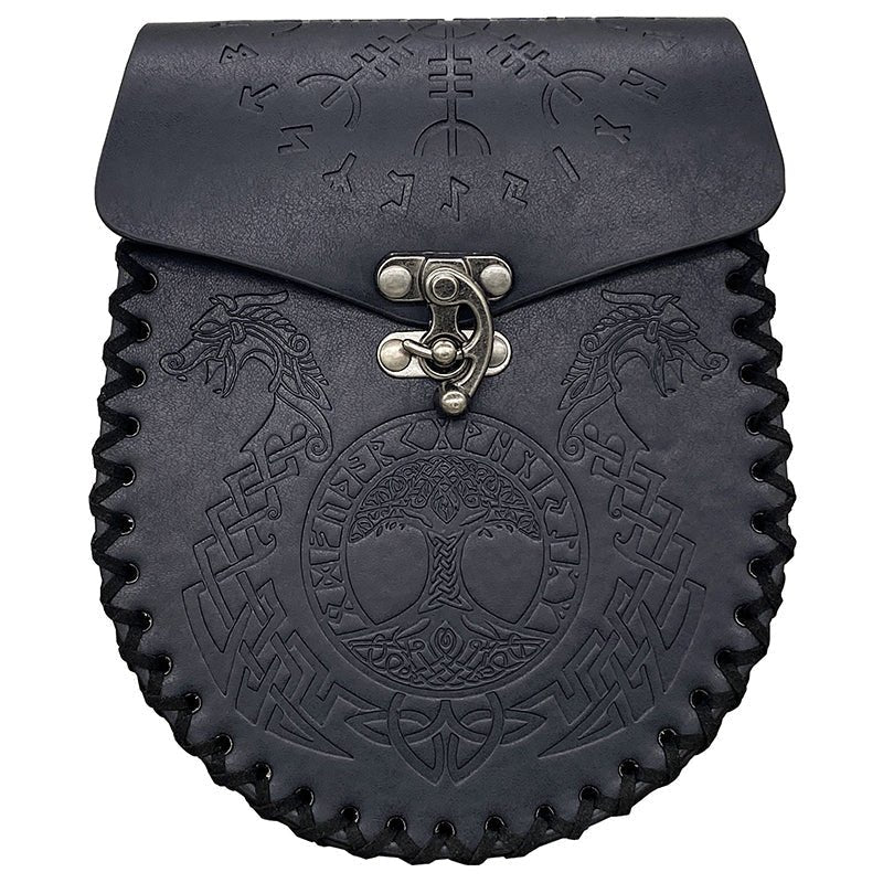 Vintage Middelalderlig Skandinavisk Præget Læderbæltetaske - Sort Trække På - - - Fashionfordays