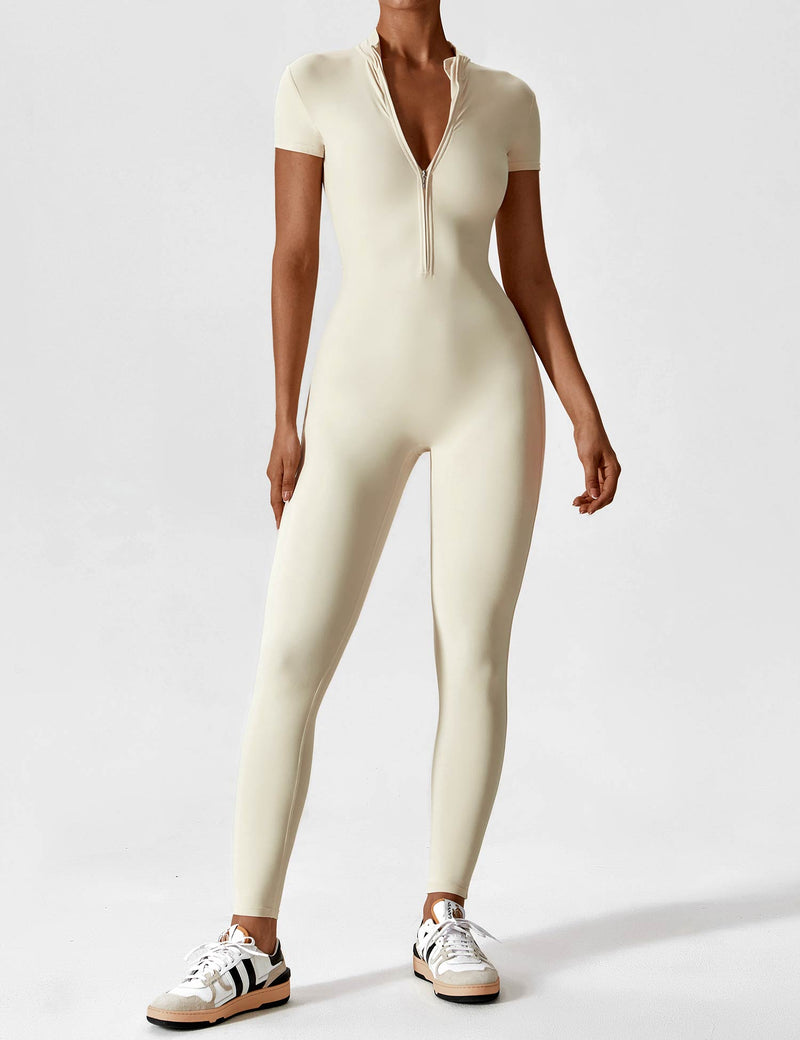 Wanda | Langærmet / kortærmet jumpsuit med lynlås - Kortærmet Beige - Sets - Damer New old_google Sale Sets Sportstøj - Fashionfordays