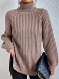 Bomuldspullover med rullekrave, raglanærmer og split i bunden - Khaki - - old Women Pullovers - FashionforDays