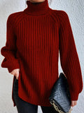 Bomuldspullover med rullekrave, raglanærmer og split i bunden - Rød - - old Women Pullovers - FashionforDays