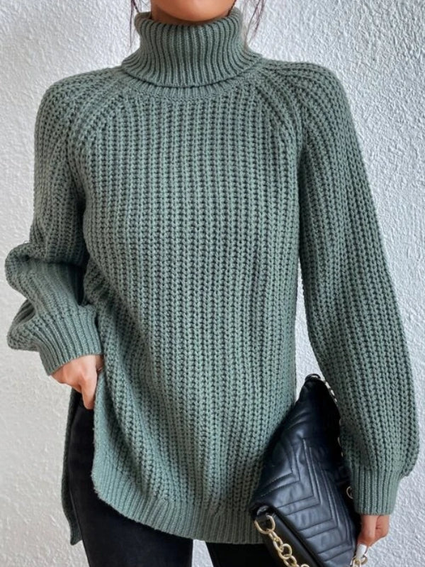 Bomuldspullover med rullekrave, raglanærmer og split i bunden - Lysegrøn - - old Women Pullovers - FashionforDays