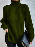 Bomuldspullover med rullekrave, raglanærmer og split i bunden - Army grøn - - old Women Pullovers - FashionforDays
