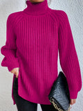 Bomuldspullover med rullekrave, raglanærmer og split i bunden - Rose - - old Women Pullovers - FashionforDays