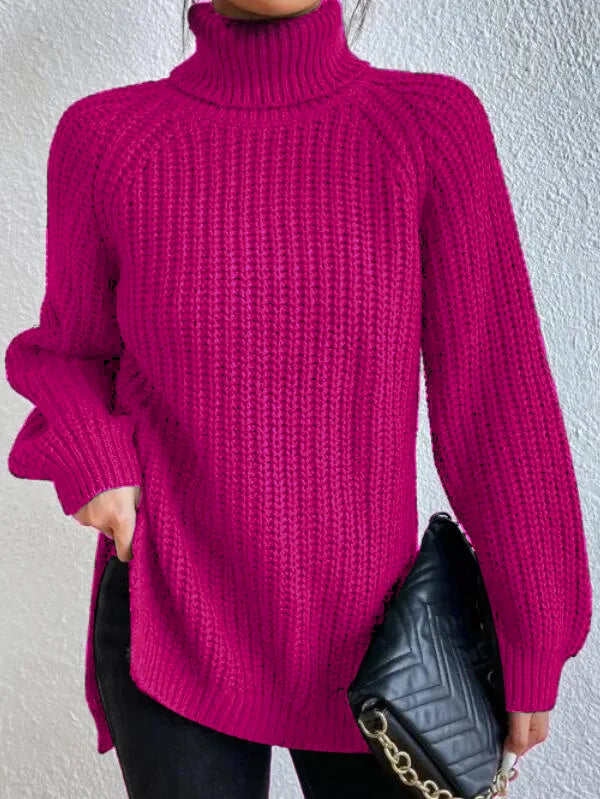 Bomuldspullover med rullekrave, raglanærmer og split i bunden - Rose - - old Women Pullovers - FashionforDays