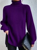 Bomuldspullover med rullekrave, raglanærmer og split i bunden - Lilla - - old Women Pullovers - FashionforDays