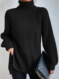 Bomuldspullover med rullekrave, raglanærmer og split i bunden - Sort - - old Women Pullovers - FashionforDays